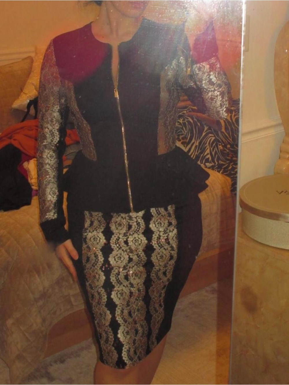 Black and Gold Lace-Accent Peplum Skirt